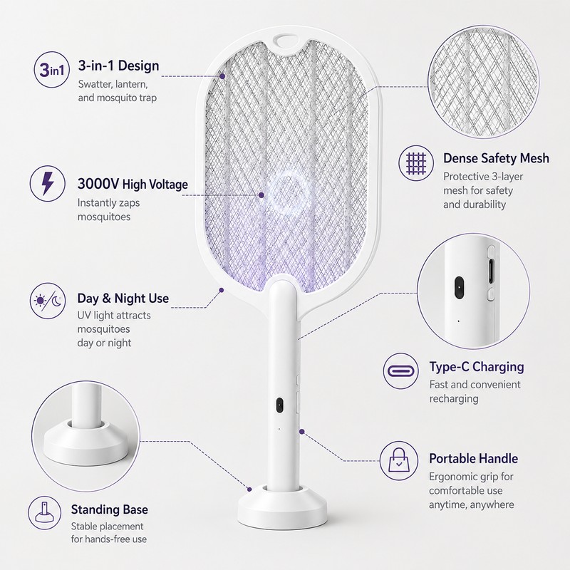 3-in-1 Electric Mosquito Swatter for Home – 3000V Rechargeable Bug