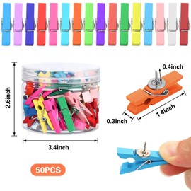 SANNIX 50Pcs Wooden Push Pin Clips,Wooden Clips with Thumb Tacks for Bulletin Board Cork Board Decorations and School Office Craft Photo Note Calendar Crafts Arts Projects Photo Supplies(Multicolor)