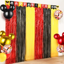 Cartoon Mouse Birthday Decorations, 1 Pack Cute Mouse Party Photo Booth Props, Black Red Yellow Teal Fringe Curtains Tinsel Photo Streamers Backdrop for Cartoon Mouse Birthday Party Supplies
