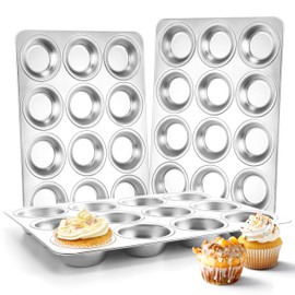 Herogo 3 Pack 12-Cup Stainless Steel Muffin Pan Tin for Making Egg Muffin Quiches, Metal Nonstick Cupcake Tray Set for Baking, Mini Brownie, Regular Size & Easy Clean, Oven & Dishwasher Safe