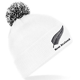 Embroidered New Zealand Pom Pom Beanie Hat, Present White/Black