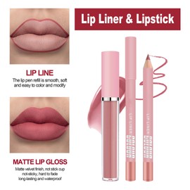 Matte Liquid Lipstick Lip Liner Set Nude Lipliner Matte Lipstick for Women,Long Lasting Non-Fading Non-Stick Cup Lip Gloss,Pink Velvet Lipliner Pencil Lip Filler Lip Makeup
