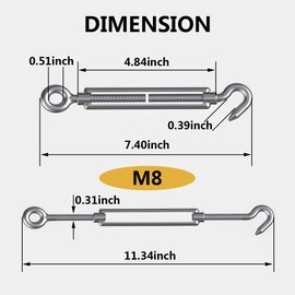 Shade Sail Hardware, Ekunbuy 304 Stainless Steel Turnbuckle Heavy Duty M5 M8 M10 Turnbuckle Hook and Eye Tent Rope Tensioner Adjustable Eye Hook Sun Shade Turnbuckle for Cables Wire 3/16 5/16 3/8