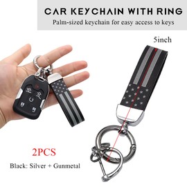 SHMZK 2 PCS American USA Flag Car Keychain, USA Flag Key Chain with Anti Lost D-Ring, 360° Rotatable Zinc Alloy Key Ring (Black & Silver+Black)