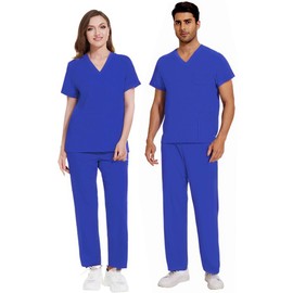 Meichoon Nursing Scrubs Set Unisex Medical Overalls Suit with Moisture-Wicking Quick-Dry 8 Pockets Stretchy Drawstring DK77Blue XXL