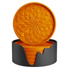 ME.FAN Silicone Coasters [6 Pack] Coasters with Holder - Drinking Coasters - Cup Mat for Drinks - Live for Hot or Cold Drink Thickened, Non-Slip, Non-Stick, Deep Tray Orange