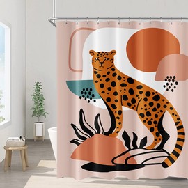 Mid Century Boho Leopard Shower Curtains Abstract Modern Geometric Minimalist Style Cute Animal Cheetah Aesthetic Shower Curtains Fabric Waterproof Peach and Beige 72 x 72 Inch