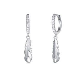 Carleen Solid 925 Sterling Silver Hoop Earrings, Small Hanging earrings, with Evil Eye, Feather, Round, Compass Star, Sunflower, Gift Jewellery for ladies and girls, Length: 25 mm., Silver, Feather