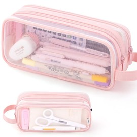 ANGOOBABY Large Grid Mesh Pencil Case 2 Compartment Pen Bag Clear Handheld Multifunction Pencil Pouch Transparent Makeup Bag for Teen Student College Business Travel Office Adult - Pink