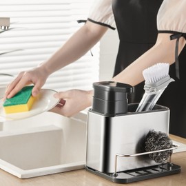 LIBODOUR Soap Dispenser for Kitchen & Bathroom Sink,3-in-1 Sponge Holder for Kitchen, Organizer Dish Soap Dispenser,Sink Caddy,Stainless Steel Dish Brush Scrubber with Sponge Holder