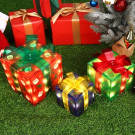 Christmas Decorations Lighted Gift Boxes, Set of 3 Gift Boxes (Large, Medium, Small) with 50 Mini Lights for Indoor Outdoor Christmas Tree Home Party Decor (Red Blue Green)