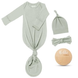 Hello World Newborn Knotted Gown 0-3 Months, Coming Home Outfit Baby Bamboo Viscose Sleeper with Hat,Headband,Wooden Sign (Light Tea Green, 0-3 Months)