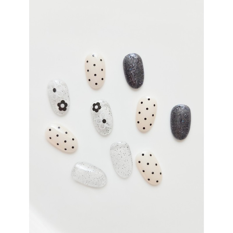Dot Nail Black Glitter Handmade Nail Tip - Almond /