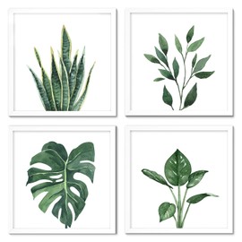 ArtbyHannah 10x10 Inch 4 Panels Framed White Picture Frame Collage Set for Wall Art Décor with Watercolor Green Leaf Tropical Botanical Plant Prints for Home Decoration