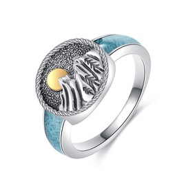 HKPATOP Mountain Ring 925 Sterling Silver Mountain Peak with Sun Signet Turquoise Ring Nature Jewelry Gift for Skiers Hikers Campers Climbers and Nature Lovers #8