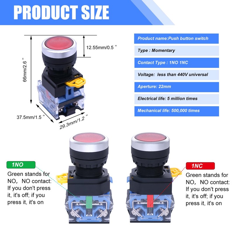 Taiss 3pcs 22mm Momentary Push Button Switch 10A 440V 1NO