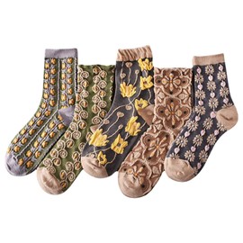 MTKAEWU - Paquete de 5 bonitos calcetines florales para mujer, calcetines florales bordados clásico, calcetines Kawaii de algodón para mujer, Marrón, One Size