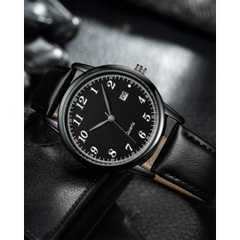 CIVO Black Watches for Men Leather: Sport Waterproof Wrist Watch - Analog Quartz Date Dial