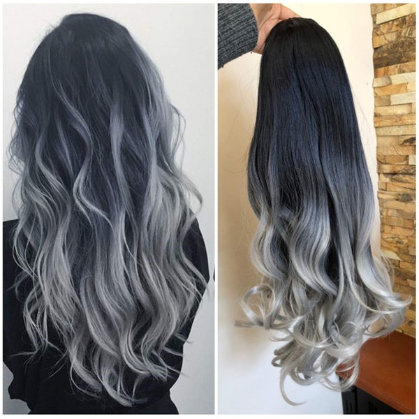 24" Thick Long Curly Wavy Clip in on Ombre Half Head Wig No Front Parting (24" Wavy-Natural black/grey)