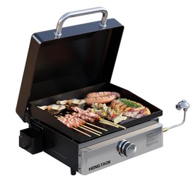 HongTaok 18 Inch Gas Grills with Hood, Nonstick Propane Gas Portable Flat Top Griddles for Outdoor, Camping, Kitchen, Family Gatherings, 12,500 BTU, Black