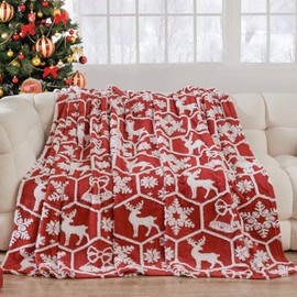 WONGS BEDDING Christmas Blanket Warm Thick Blanket for Winter, Reversible Red Soft Deer Geometry Blanket Cozy Christmas Throw Blanket for Bed, Couch, Sofa 150×200cm