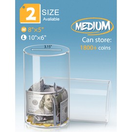 Clear Acrylic Piggy Bank for Adults Kids, Clear Money Saving Jar Must Break to Open, Unopenable Piggy Bank for Cash Coins (8" H × 5" Diameter)