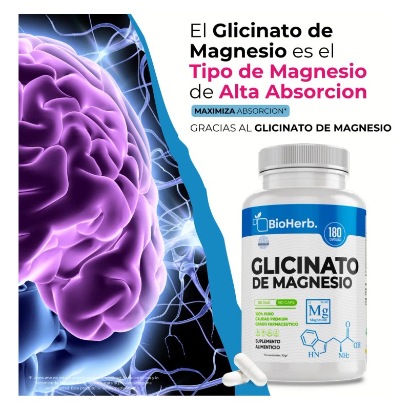 Glicinato De Magnesio 100% Puro Bioherb 180 Cápsulas 500mg Sabor