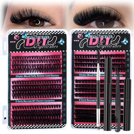 MOTIBACK 456pcs Eyelash Extension Set， False Eyelashes 30D-100D Curl Individual Set，12-18mm Cluster Fluffy Extender DIY Kit with Double End Glue + Glue Removal+Tweezers for Self Use + Brush（Black）