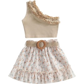 Toddler Baby Girl Birthday Clothes Ruffle Off Shoulder Crop Tops+ Tutu Floral Skirt Dress with Belt Kids Short Outfit (Beige Floral Skirt Set,3-4T)