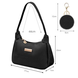 Aucuu Shoulder Bag Women's Handbag, Nylon Retro Armpit Bag with Pom Pom Keyring, Y2k Fashion Clutch Bag with Zip, Gift for Christmas and Birthday, black