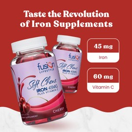 Fusion Lifestyle Chewable Iron Supplement for Women & Men - Cherry Flavor, Iron Vitamin C Soft Chew for Max Absorption, Iron as Ferrous Fumarate, Ideal for Anemia and Iron Deficiency, 2 Month Supply