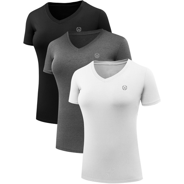 NELEUS Women's 3 Pack V Neck Compression Running Shirt,8016,Black,Grey,White,US M,EU L