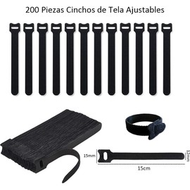 200 Piezas Cinchos de Tela Ajustables, Organizador de Cables, Ataduras de Cables Reutilizables, Velcr para Cables Organizer, Sujeta Cables, Bridas para Cables (12 * 150MM) 200 piezas, negro, ajustables, autoadhesivo, para cables de computadora, audio, TV