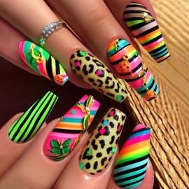 Colorful Leopard Print Press on Nails Medium Length Coffin with Zebra Stripes Design Full Cover Cute Ballet Shape Glossy Acrylic Fake Nails for Women Girls DIY Manicure Decorations 24Pcs