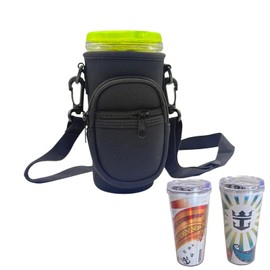 sussie daddy Cruise Cup Holder Sling with Pocket for RC Refillable Soda Cup – Neoprene Carrier with Adjustable Strap, Phone & Card Holder – Hands-Free for Royal Caribbean Cruises (1, Black)