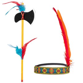 MIMIKRY Native American Costume Accessory Set Headband with Feathers and Tomahawk Indian Headdress and Hatchet