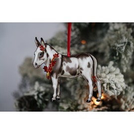 Gray Donkey Christmas Ornament, Laser Cut and Printed Detail, Festive Holiday Decoration, Animal Themed Gift (Spotted Gray & White with Christmas Decorations)