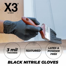 X3 Black Nitrile Disposable Industrial Gloves, 3 Mil, Latex/Powder-Free, Food-Safe, Non-Sterile, Textured, Large, 2 Boxes of 100