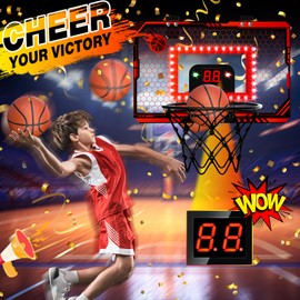 Mini Basketball Hoop Indoor, Over The Door Basketball Hoops with Led Lighting, Mini Hoop with Electronic Scoreboard & 3 Balls, Outdoor, Red, Sports Toys Gifts for 5 6 7 8 9 10 11 12+ Year Old Boys
