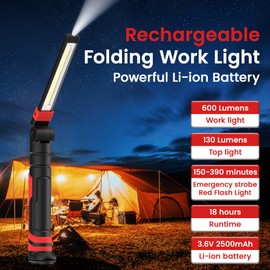 LAIMITTOS Rechargeable Work Light 2500mAh Magnetic LED Work Light Foldable Flashlight with Hook 3 Lighting Modes Mechanic Light Portable Outdoor Lamp for Car Repair, Home, Garage, Emergency