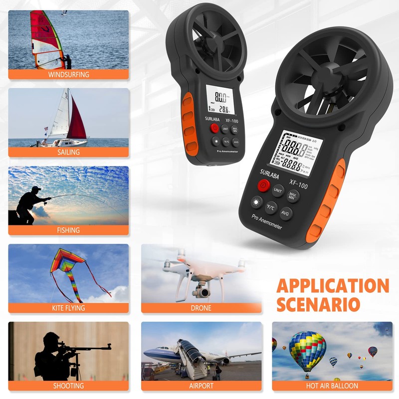 SURLABA Digital Wind Gauge, Handheld Anemometer 0.3-30m/s Wind Speed Gauge,