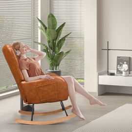 VECELO Rocking Chair Nursery with Thick Headrest, Modern Teddy Upholstered Reading Glider Rocker Accent Armchair with High Backrest, Padded Seat, Side Pocket, for LivingRoom, Bedroom, Baby Room, Brown