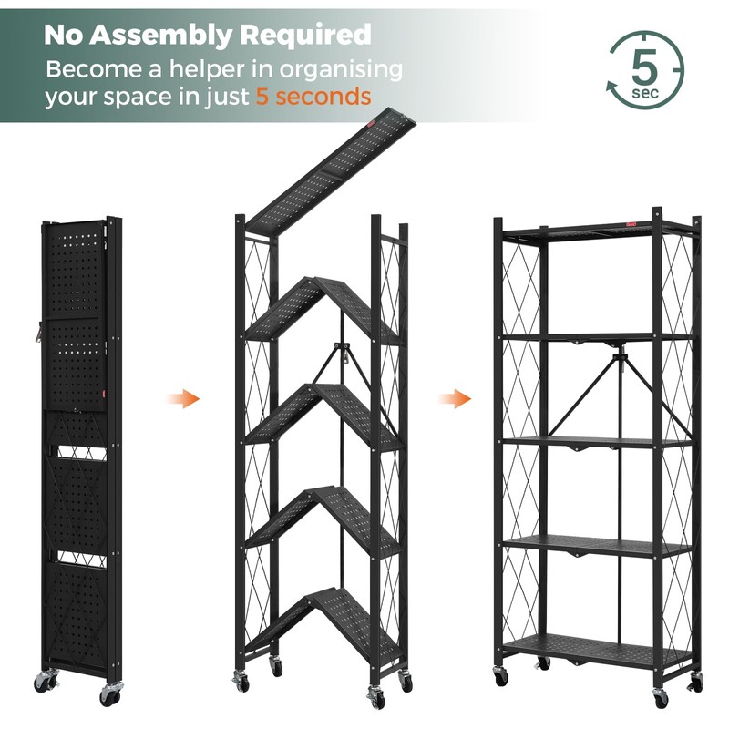 DEANIC 5-Shelf Folding Bookcase with Wheels, Rolling Bookshelf Heavy Duty