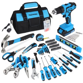 FASTPRO 232-Piece 20V Cordless Drill Driver & Home Tool Set, Home Repairing Tool Kit with Drill, 12-Inch Wide Mouth Open Storage Tool Bag, Blue