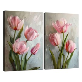 Pankila Tulip Floral Wall Art Pink Tulip Pictures Canvas Prints Abstract Tulip Flower Wall Decor for Living Room Bedroom Bathroom Office Home Decorations Framed Artwork (12''W X 16''H X 2Pcs)