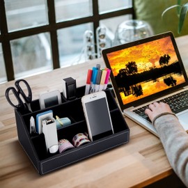 Jesustree Desk Organiser with 5 Compartments, Multifunctional Leather Office Pen Box, Pen Holder, Sorting Box for Stapler, Pens, Folder Clips, Sticky Notes, Office Supplies (Black)