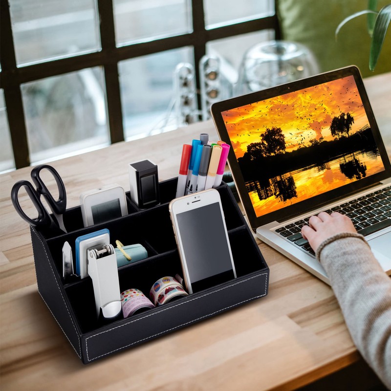 Jesustree Desk Organiser with 5 Compartments, Multifunctional Leather Office Pen