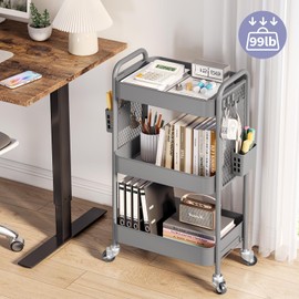 TOOLF Rolling Carts with Wheels, 3 Tier Rolling Utility Cart, Metal Storage Organizer with Pegboard Hooks Bins for Bathroom Kitchen Storage, Three Tier Cart for Book Diaper & Craft Art Supplies, Grey