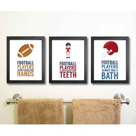 Silly Goose Gifts Even Football Players Brush Teeth Take A Bath Wash Hands Bathroom Wall Art Decor (Set of Three)