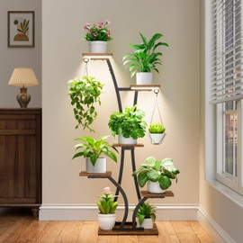 MOSTWOGO Plant Stand with Grow Light for Indoor Plants, 6 Tiered Metal Plant Shelf, 45" Indoor Plant Rack with 7 Shelves and 2 Hooks, Modern Corner Plant Holder for Living Room Balcony Bedroom, Black
